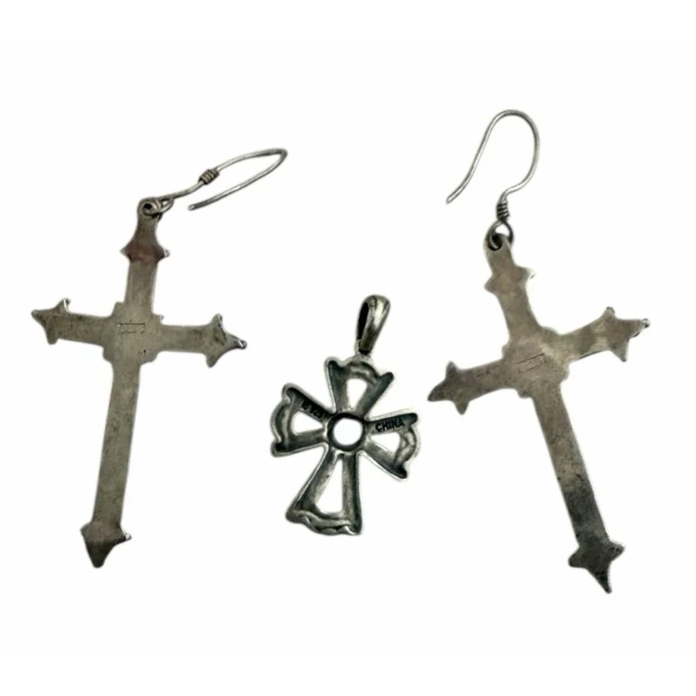 Sterling‎ Silver Cross Set Earrings & Pendant Necklace Red Stone Gothic Vintage